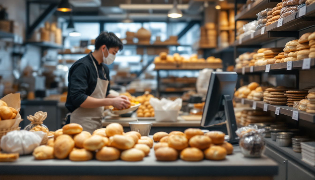 AI 기술을 활용해 재고와 판매를 관리하는 한국의 소규모 빵집 내부와 직원이 빵을 다루는 모습