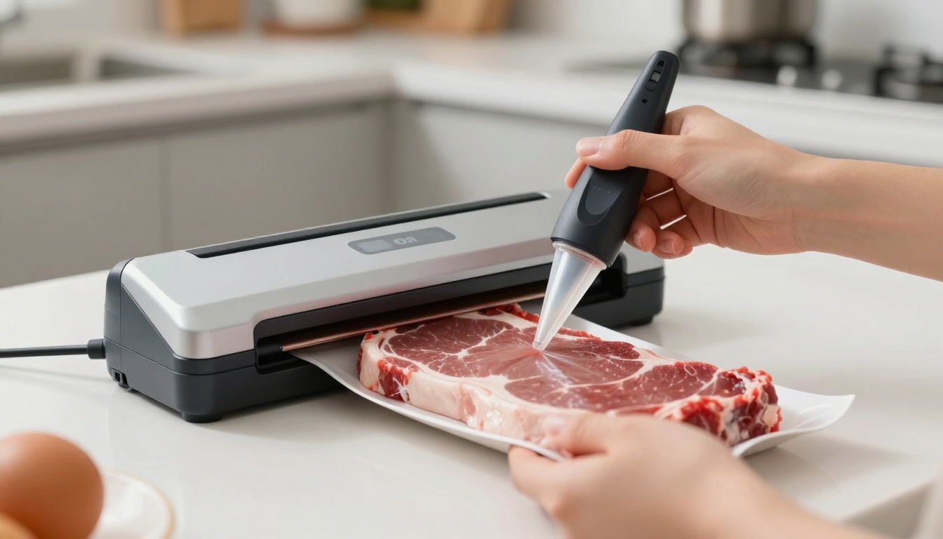 진공 포장기로 공기를 제거하며 육류를 보관하는 모습