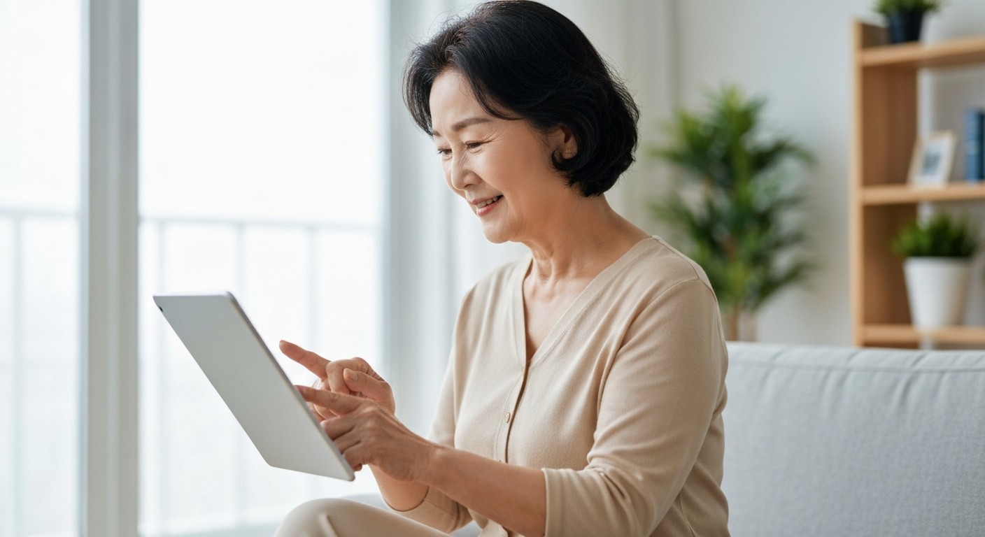 태블릿으로 온라인 쇼핑을 즐기는 활기찬 60대 한국 여성.