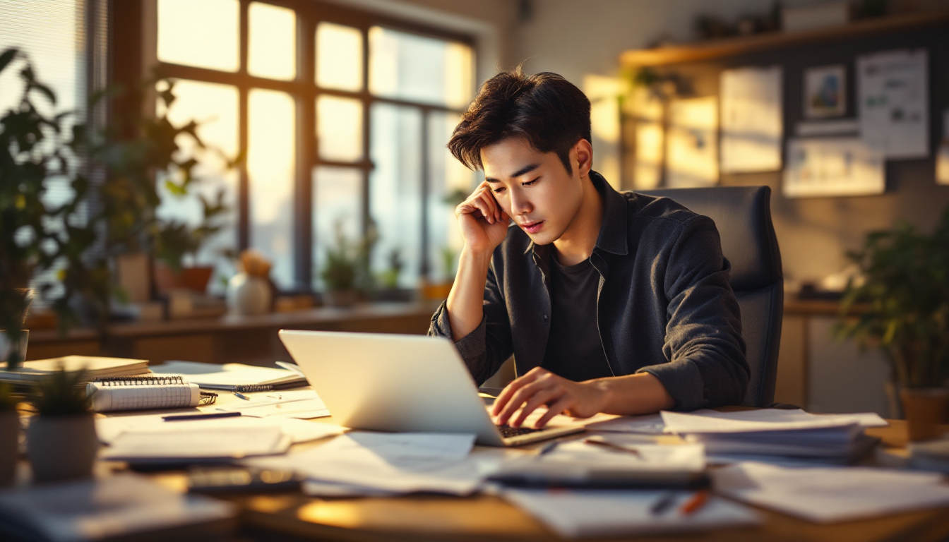 현대적인 사무실에서 서류를 분석 중인 남성