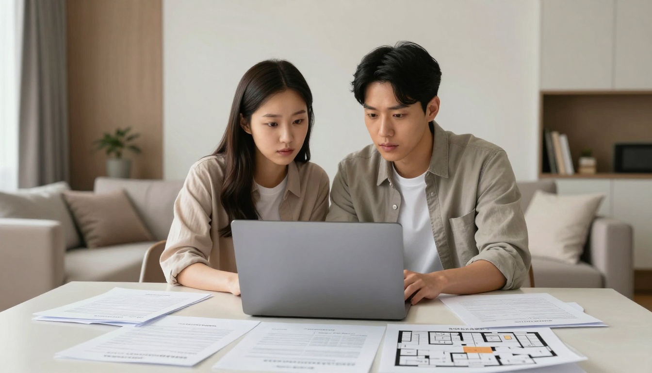 내 집 마련의 꿈을 꾸며 청약 서류와 노트북을 보는 한국인 젊은 부부