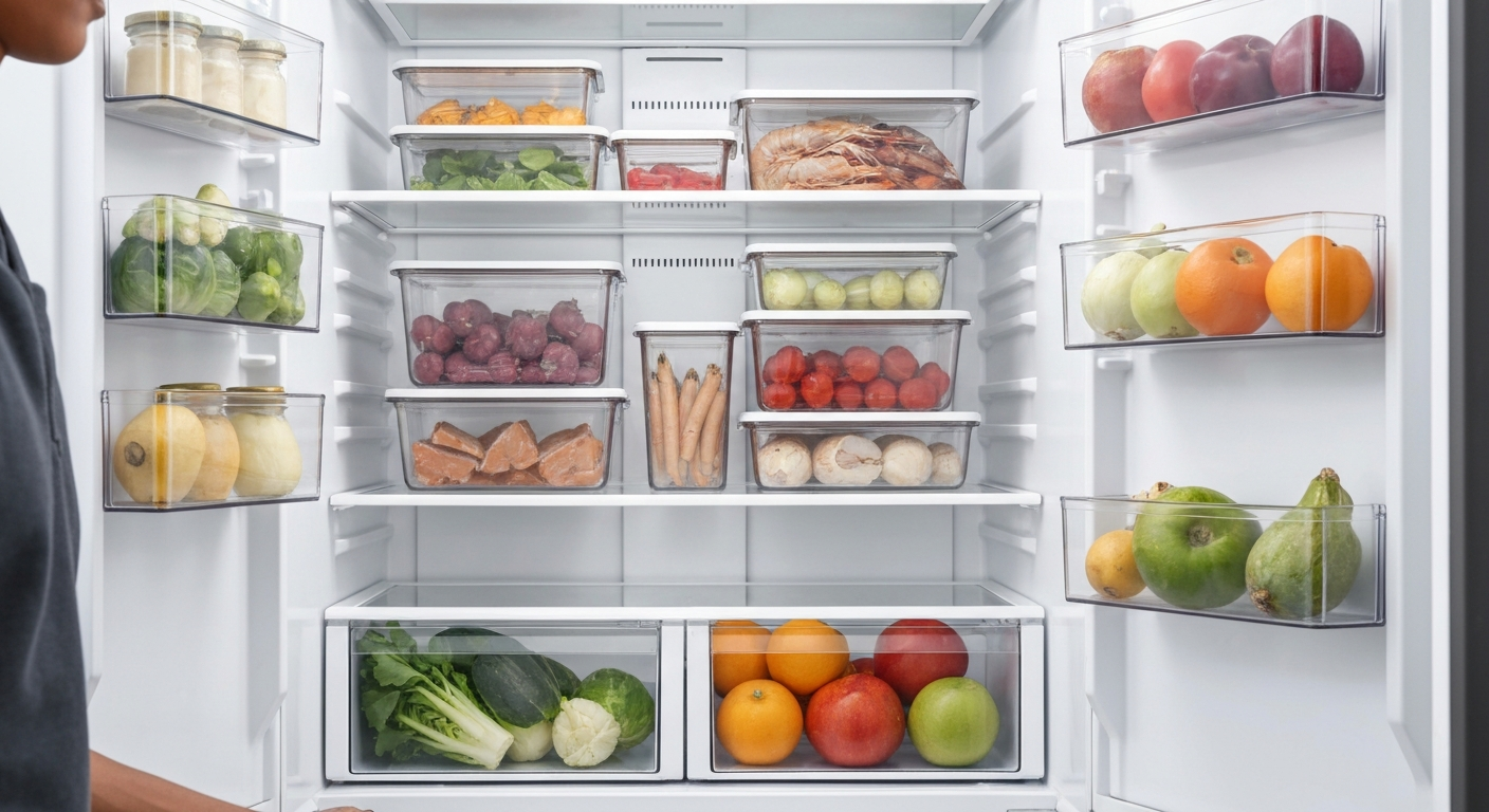 잘 정리된 냉장고 안에 신선한 채소, 과일, 해산물이 밀폐 용기에 보관된 모습.