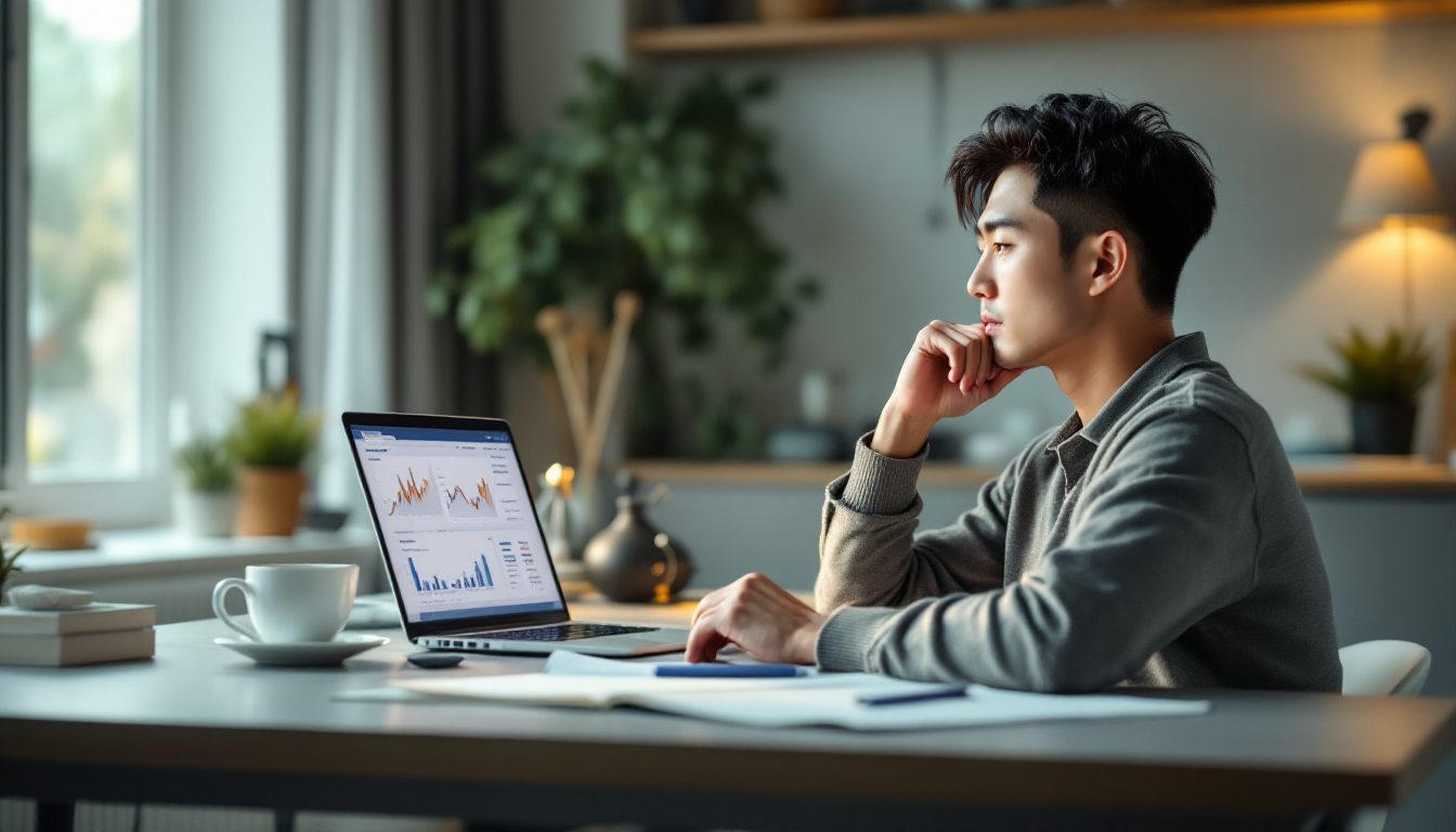 2026년에 ISA 계좌 개설을 고민하며 노트북으로 금융 차트를 살펴보는 30대 한국인 남성의 현실적인 생활 장면