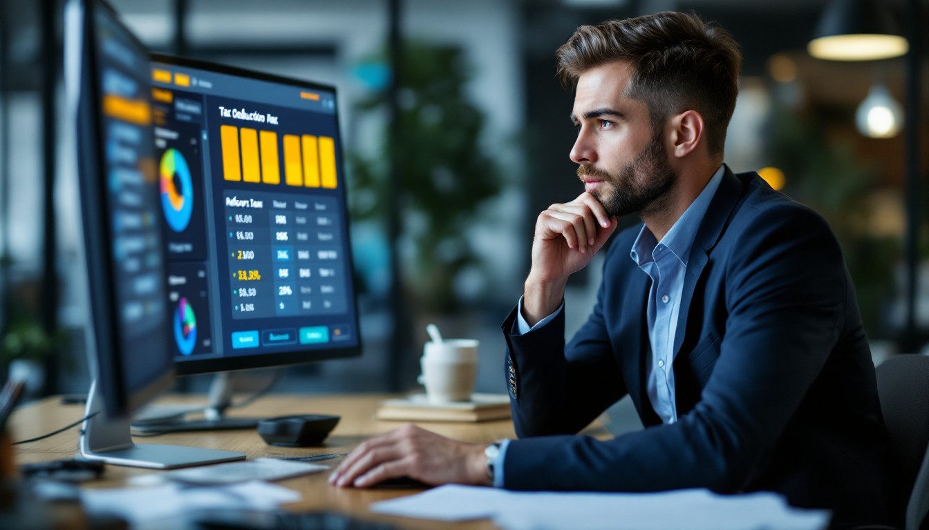 현대적인 사무실에서 출근한 직장인이 책상에 앉아 컴퓨터 화면에 연말정산 환급 정보와 공제 내용을 집중해서 보고 있는 모습