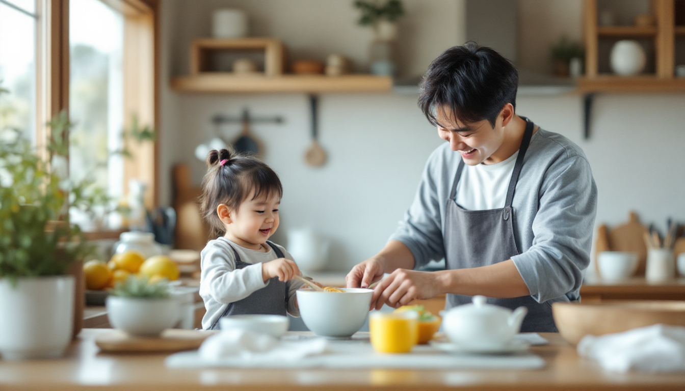 전통적인 한국 주방에서 아침 식사를 준비하며 웃고 있는 한국인 아버지, 어린 아이를 돌보기 위해 유연한 10시 출근제도를 활용하는 모습