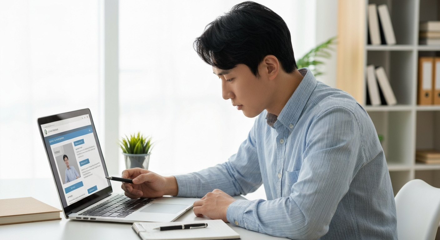 노트북으로 정부 복지 사이트에서 월세 지원 자격을 확인하는 20대 한국 남성 청년.