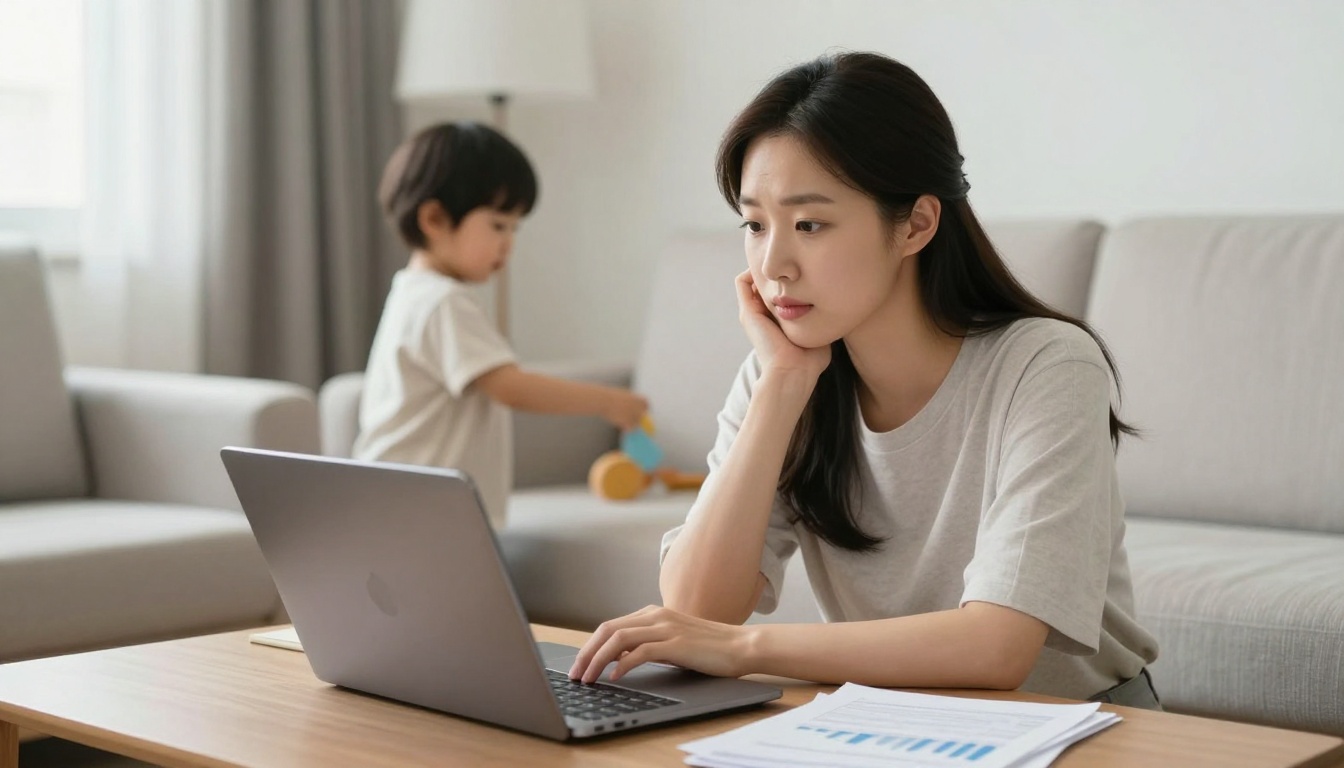 육아휴직 중인 한국 여성이 금융 서류와 노트북을 보며 고민하는 모습