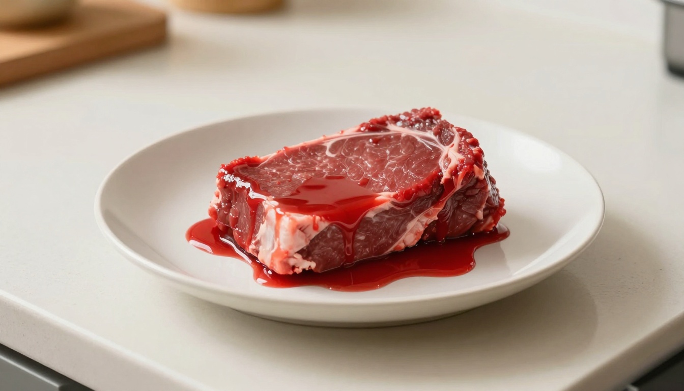 육즙이 많이 빠져나와 접시에 고여 있는 해동된 고기