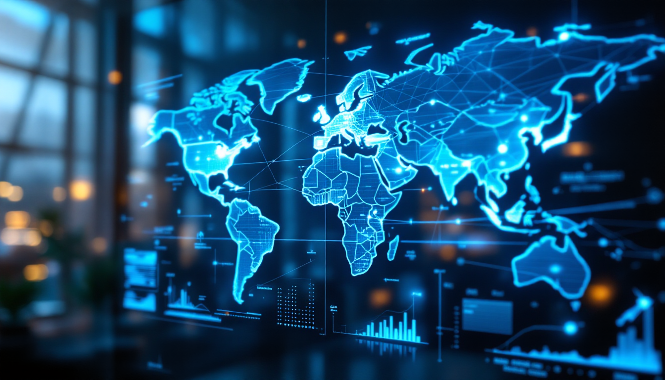 유리 스크린에 투영된 세계 경제 지도와 복잡하게 연결된 무역 경로