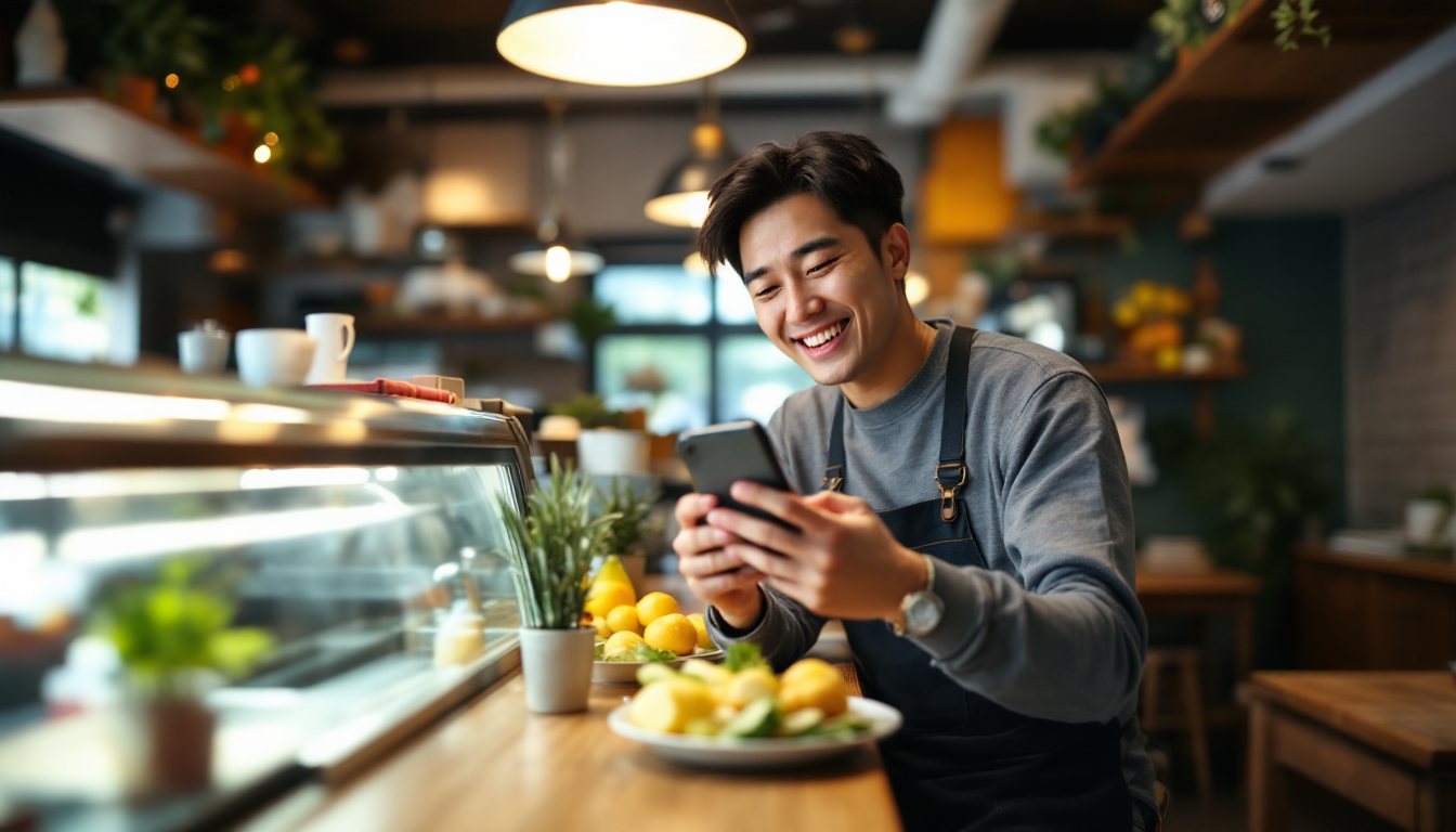 한국의 소규모 식당 사장님이 스마트폰으로 정부 지원 바우처 확인하며 안도와 희망을 느끼는 모습