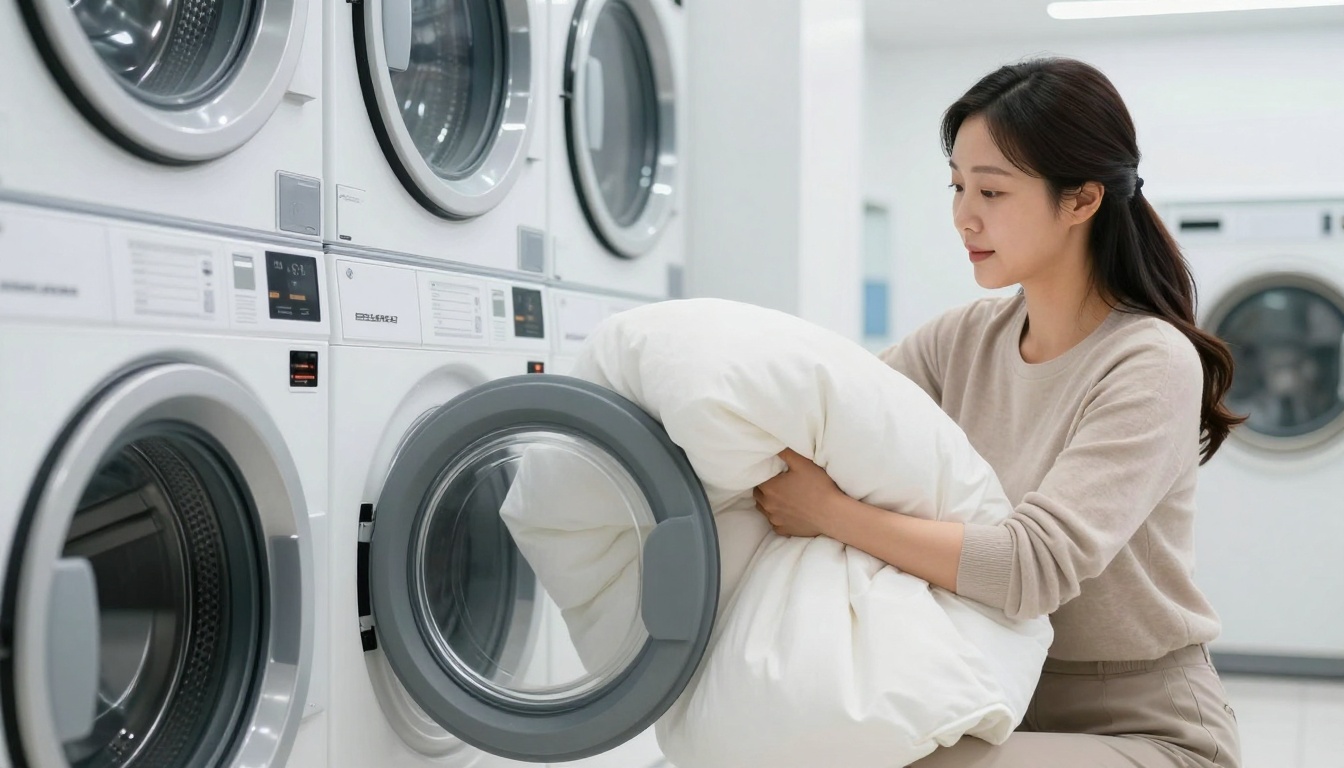 코인 세탁소에서 대형 이불을 세탁하는 한국인 여성