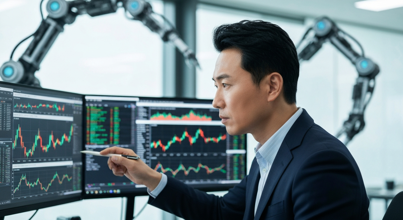 여러 화면에서 주식 시장 데이터와 로봇 요소를 분석하는 한국인 금융 분석가 남성