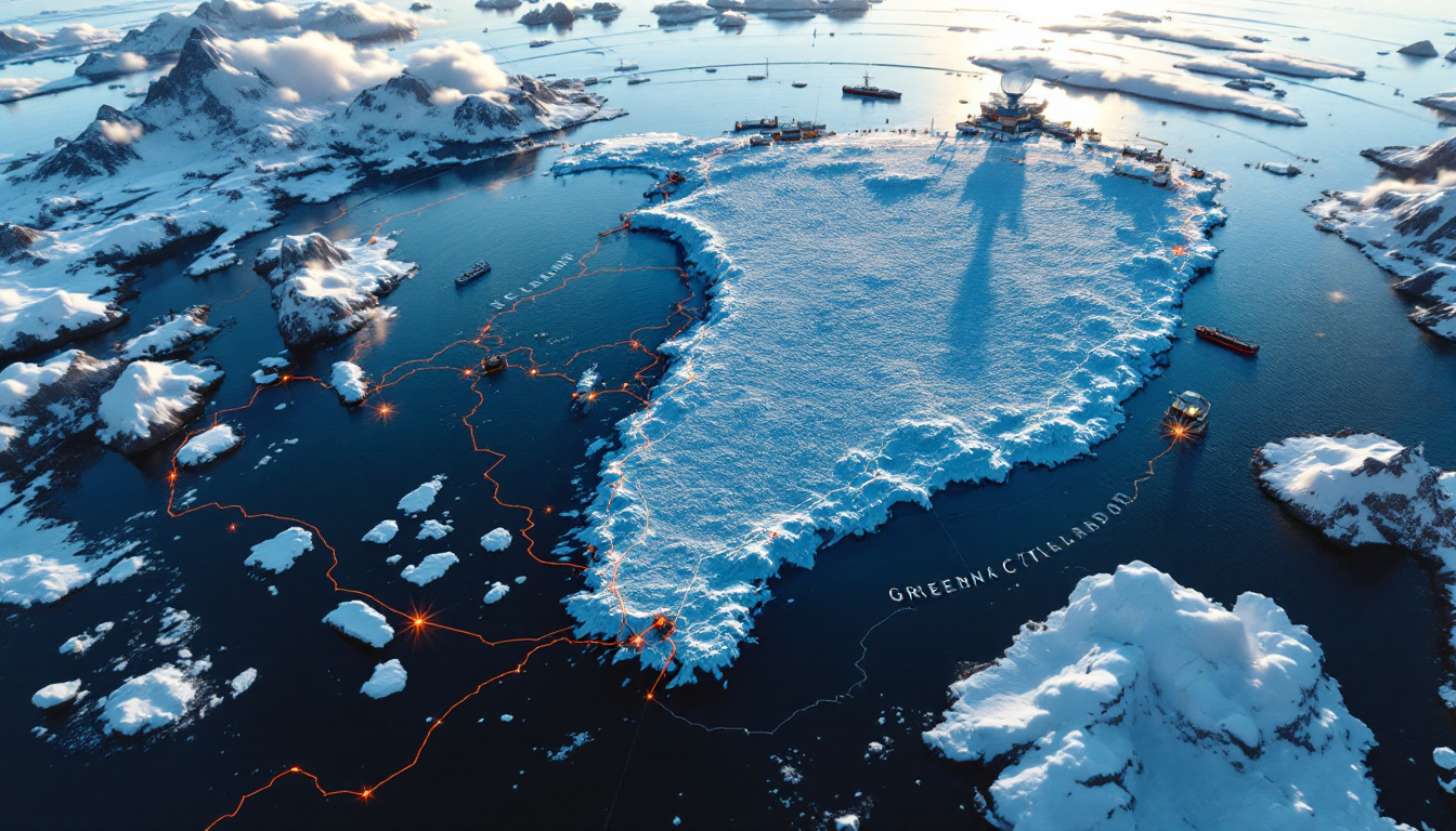 북극 항로 지도, 희토류 광물 샘플, 레이더 접시가 함께 있는 그린란드의 전략적 가치를 상징하는 이미지