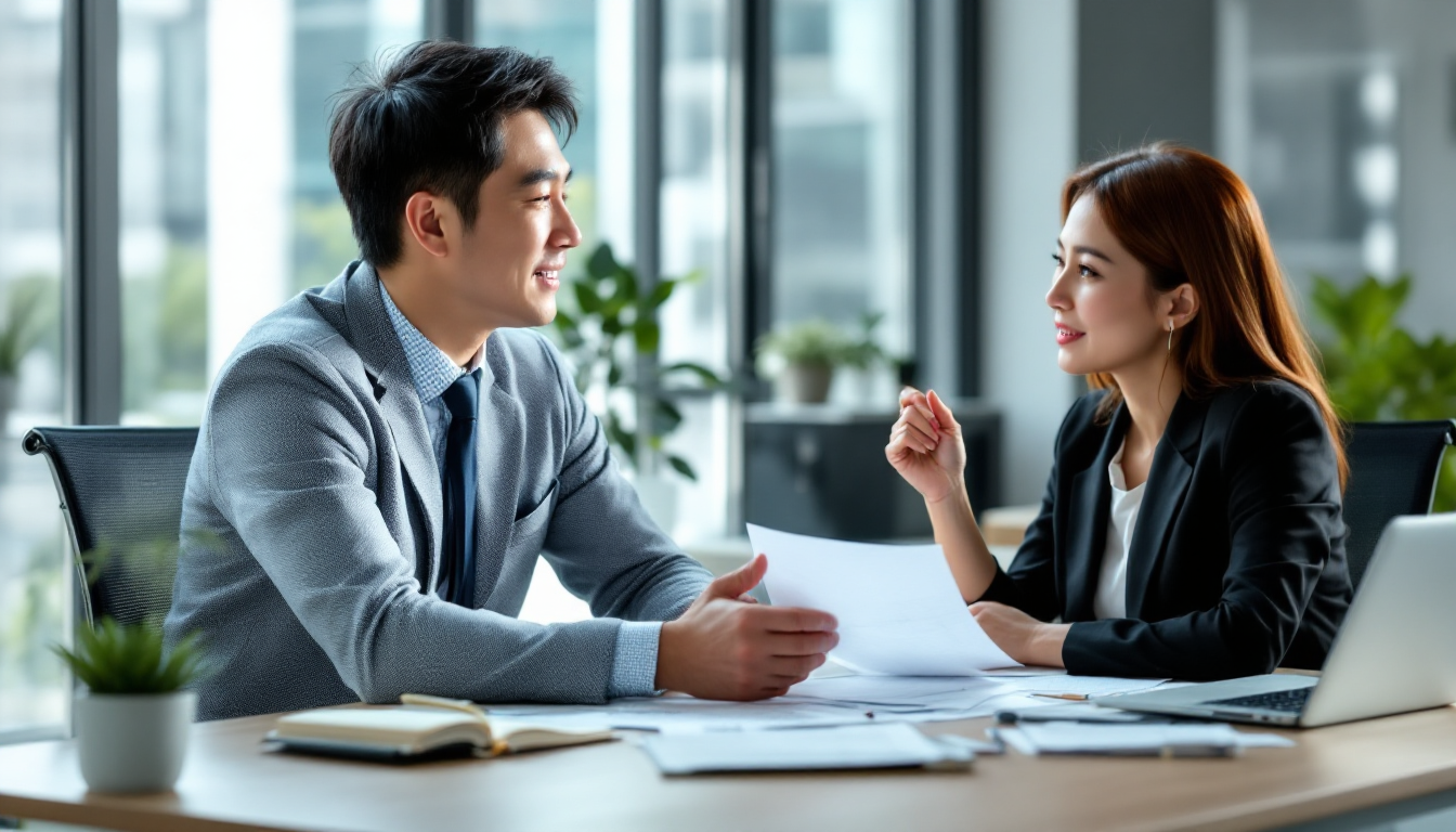중장년 남성이 현대적인 사무실에서 경력 상담사와 상담하는 모습