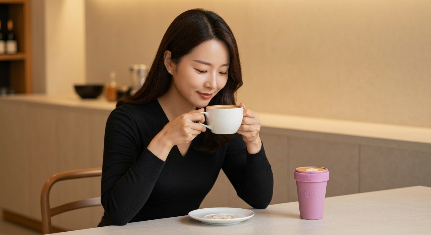 고급 스페셜티 커피를 즐기는 여성과 옆에 놓인 재사용 컵이 로렉스 소비를 상징.