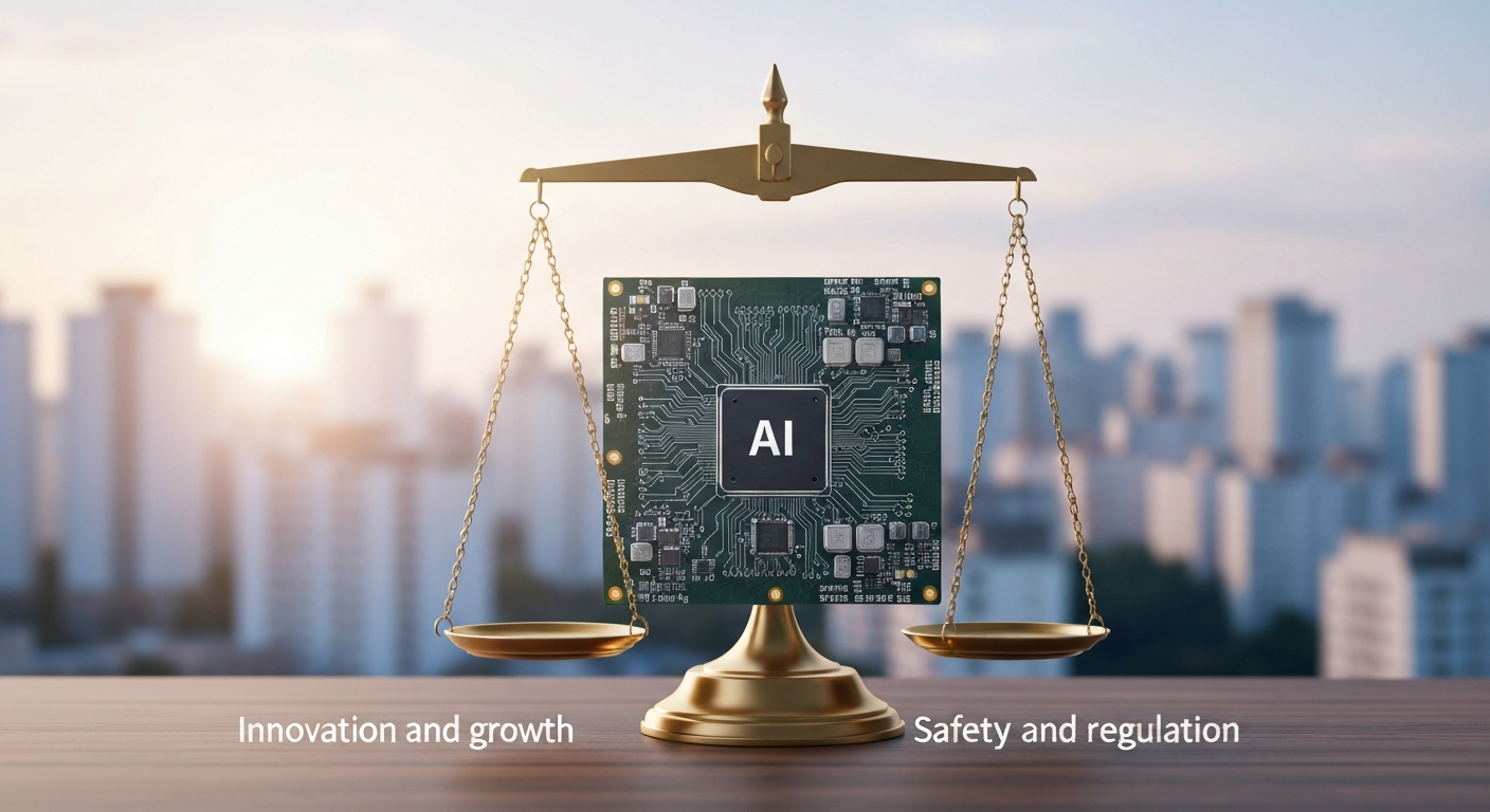 AI 기술 발전과 안전 규제가 균형을 이루는 모습, 한국 도시를 배경으로.