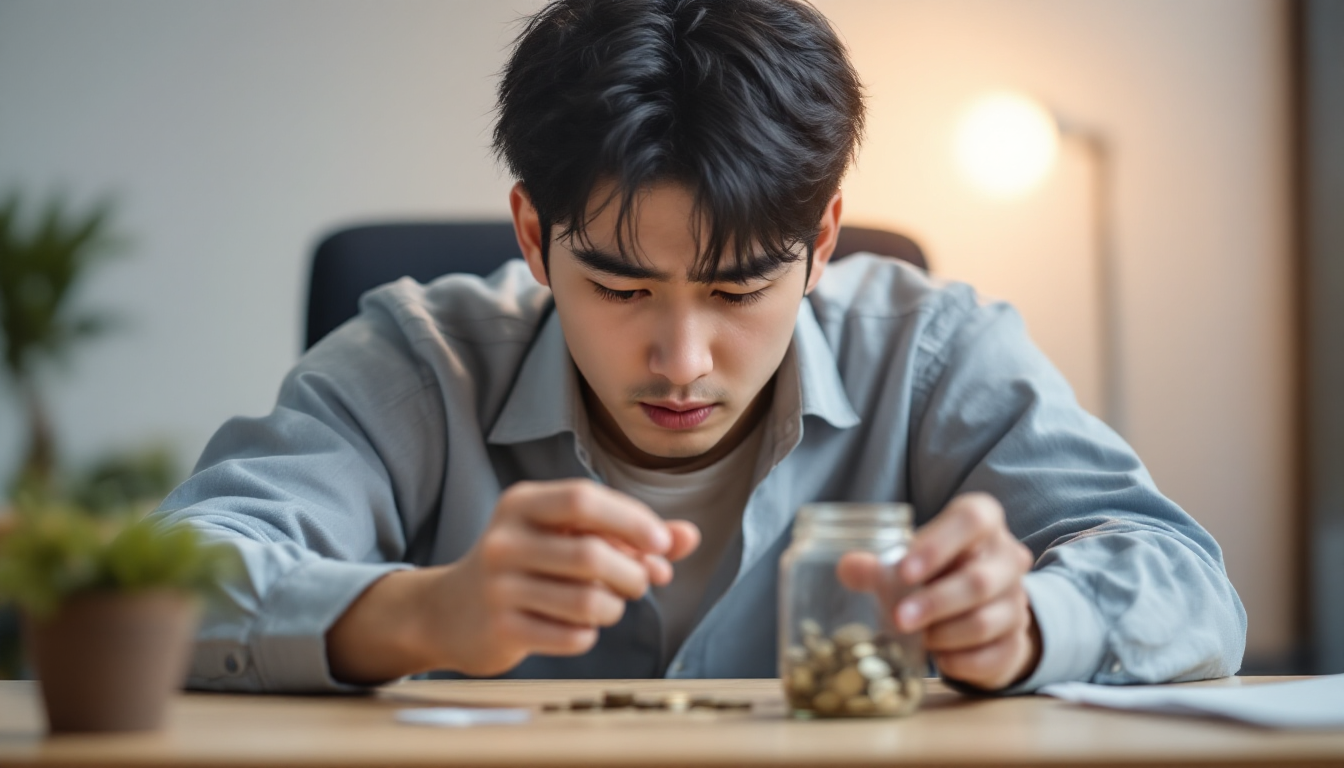 20대 후반에서 30대 초반의 한국인 청년이 책상에 앉아 동전이나 저금통을 보며 저축에 대한 고민과 함께 희망을 품고 있는 모습, 뒤에서 정부 지원을 상징하는 부드러운 빛이 비추는 이미지
