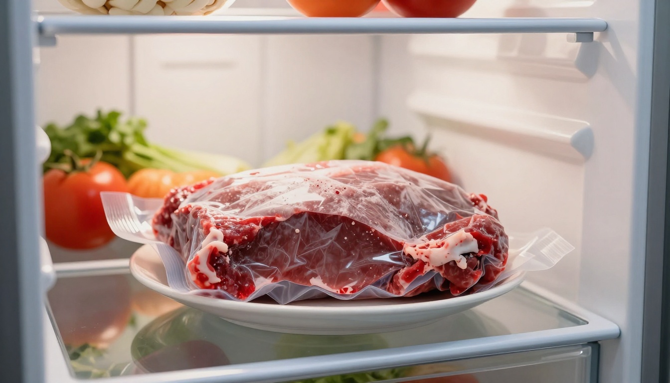 냉장고 선반에 놓여 서서히 해동 중인 진공 포장된 냉동육