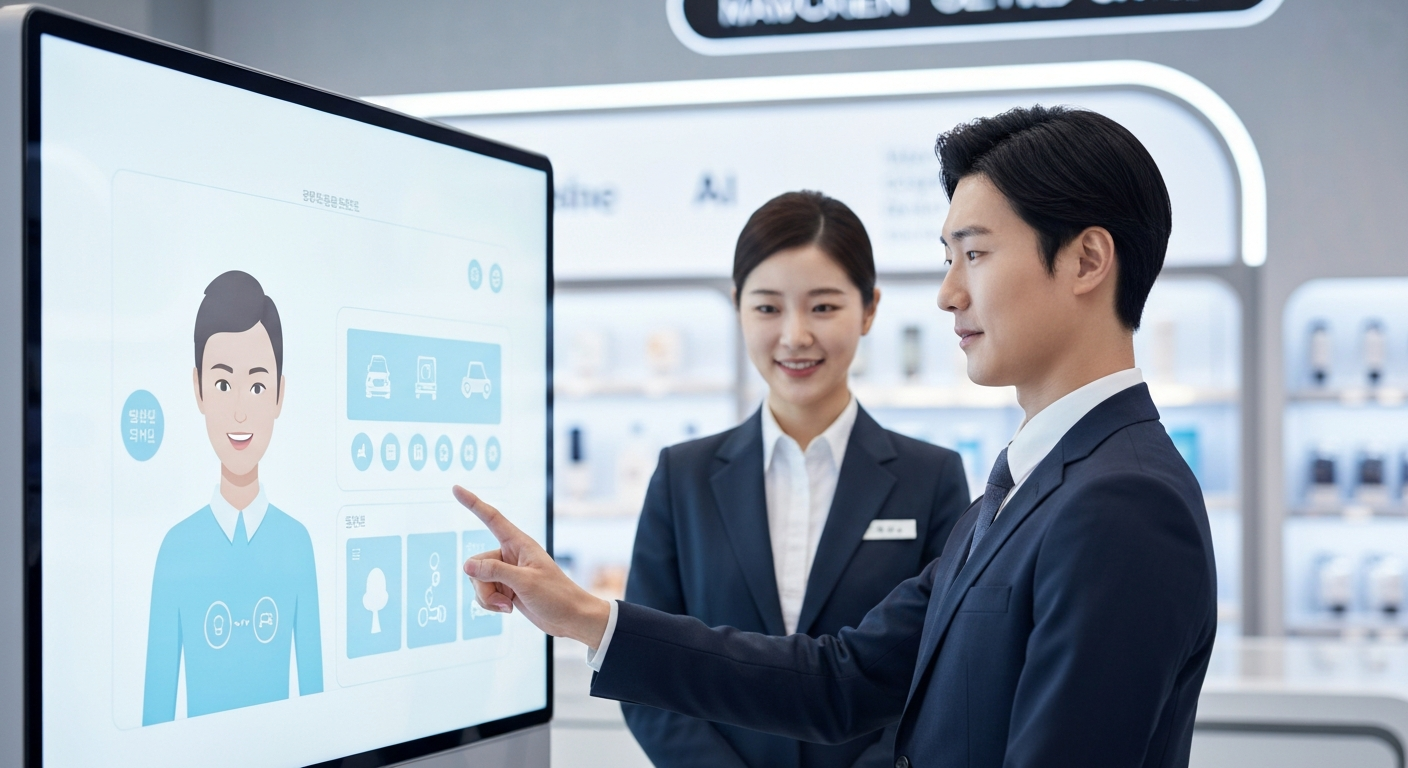 미래형 상점에서 AI 기술과 인간적인 서비스를 동시에 경험하는 고객의 모습.