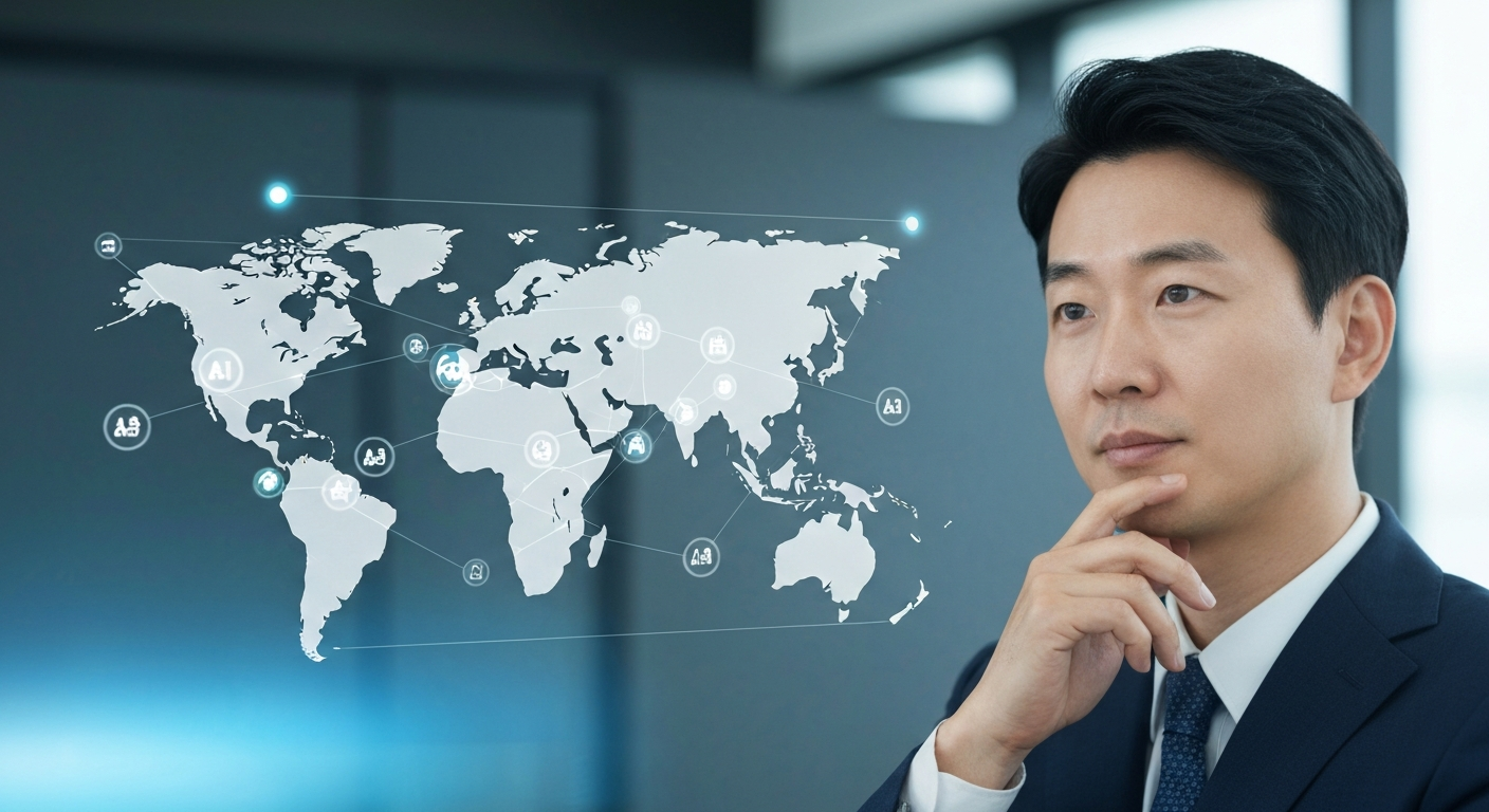 한국 비즈니스 전문가가 글로벌 AI 규제 환경과 전략적 방향을 심사숙고하는 모습.