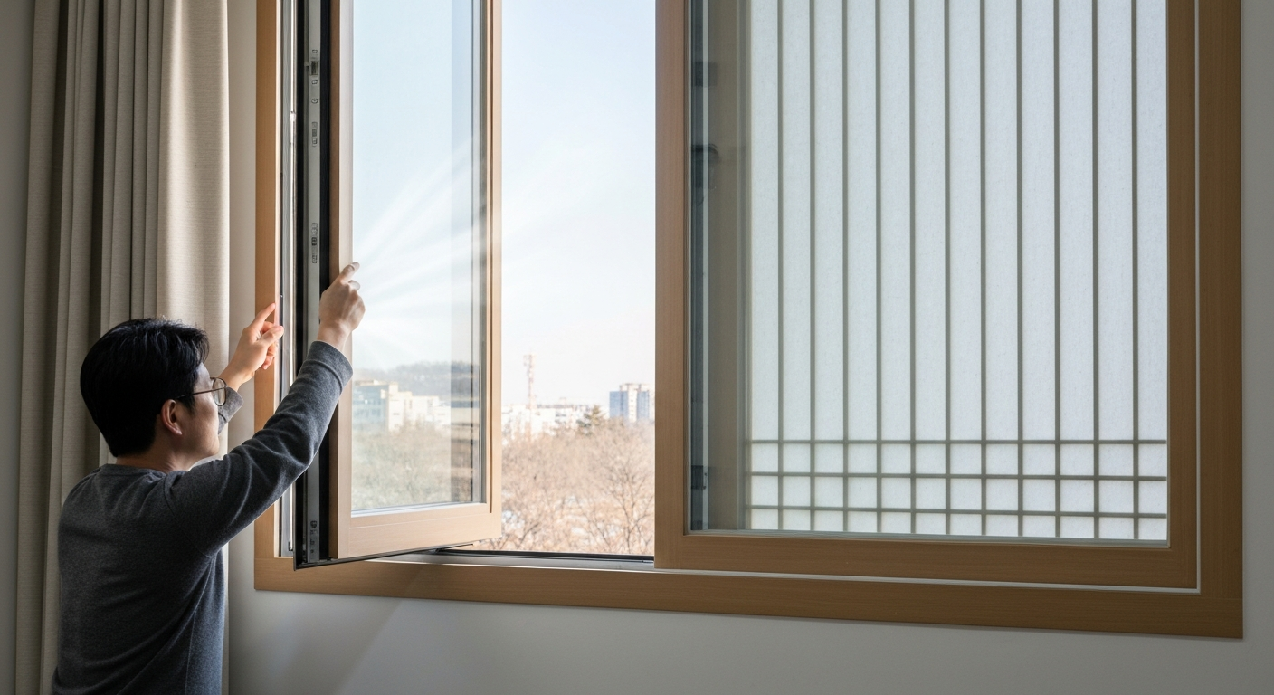 맑은 겨울날 약간 열린 한국식 창문으로 신선한 공기가 들어오는 모습