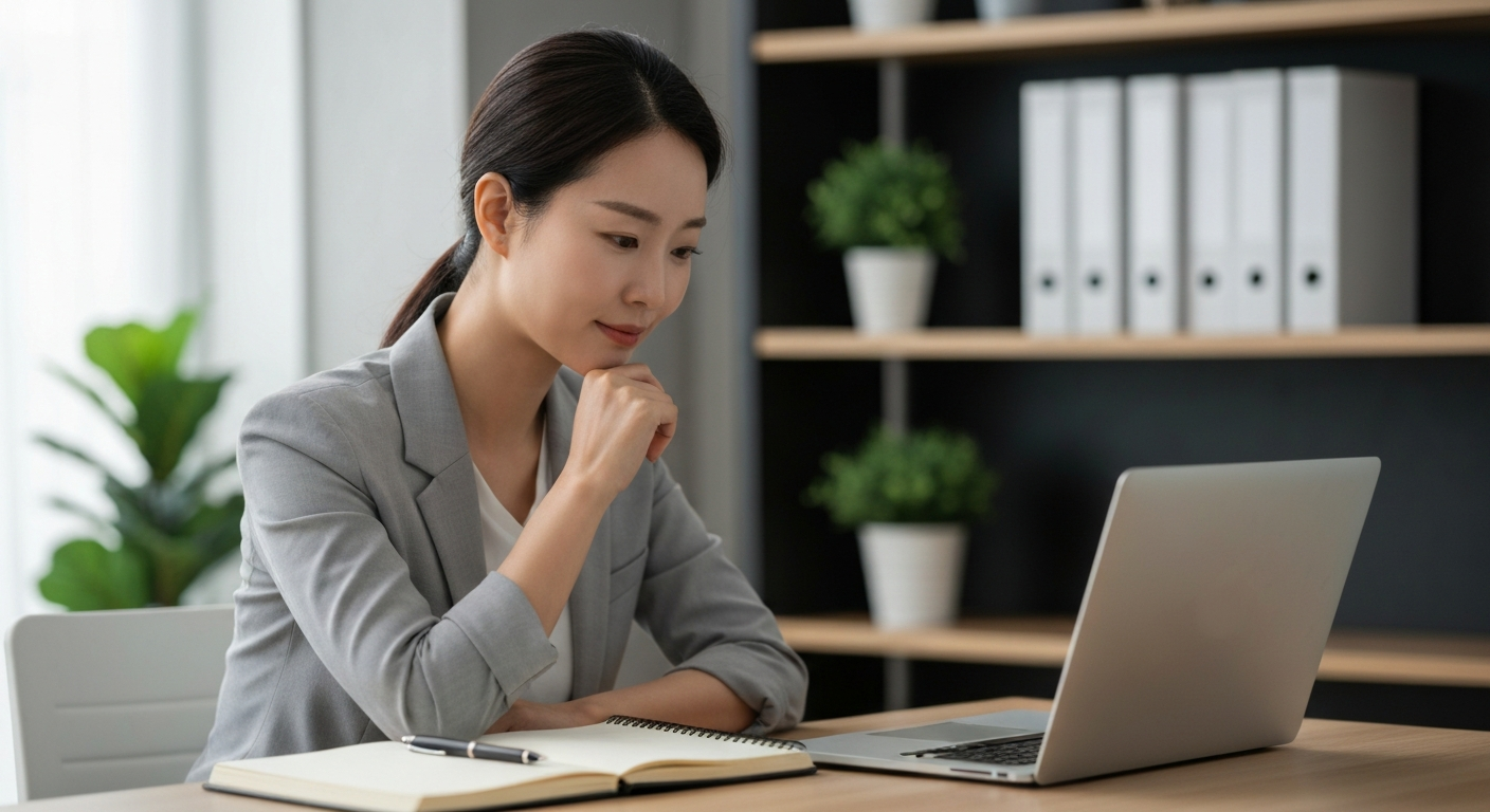 노트북으로 투자 포트폴리오를 신중하게 검토하는 한국인 여성