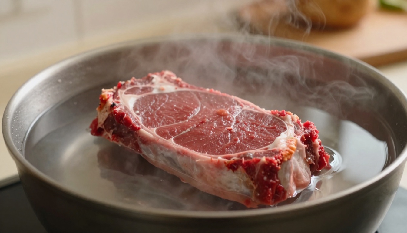 뜨거운 물에 담겨 표면이 부분적으로 익어버린 고기