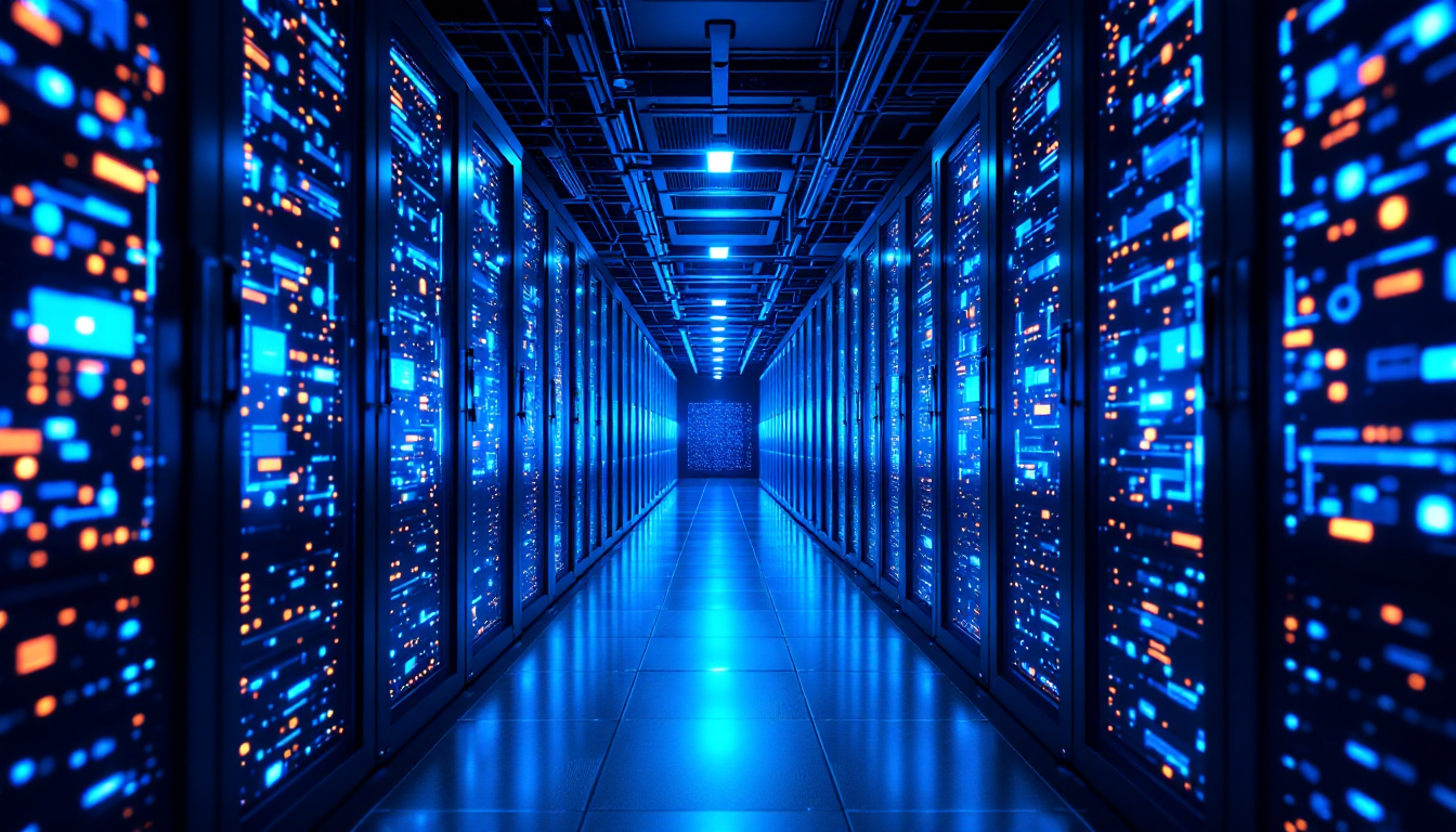 인공지능 기술이 글로벌 경제 성장을 이끄는 모습을 상징하는 고성능 데이터 센터.