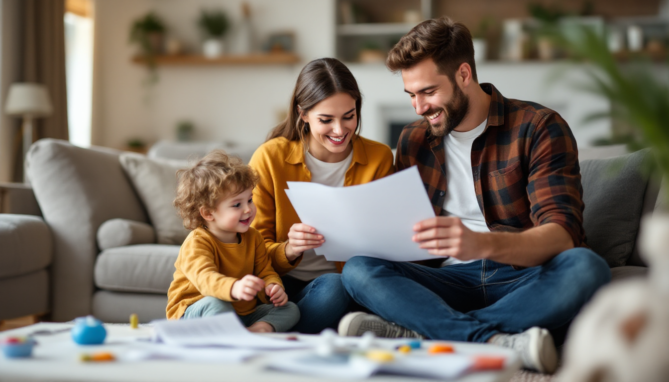 포근한 거실에서 가족이 함께 세금 서류를 보며 자녀 및 의료비 공제의 중요성을 체감하는 행복한 모습
