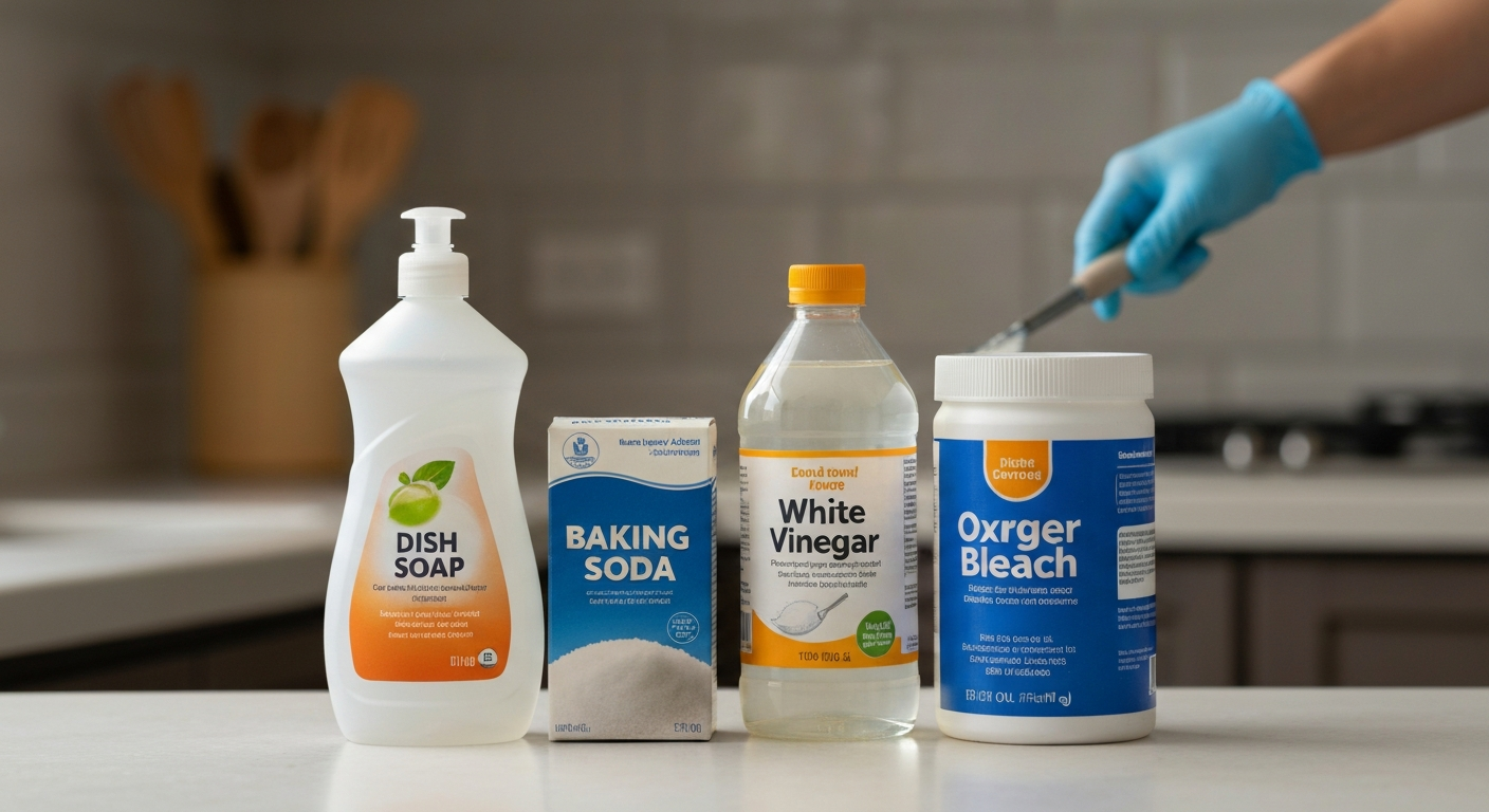 깔끔한 주방 조리대 위에 놓인 주방세제, 베이킹소다, 백식초, 산소계 표백제