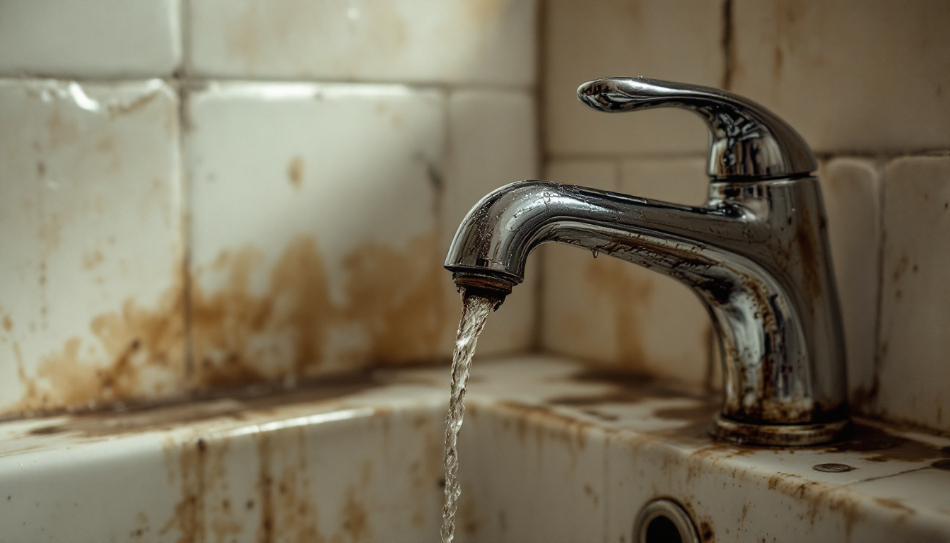 물때와 찌든 때가 보이는 욕실의 수도꼭지와 타일