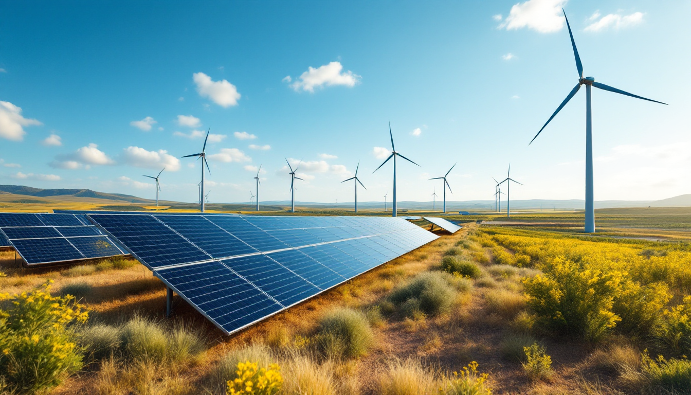 풍력 터빈과 태양광 패널이 있는 풍경으로, 지속가능한 에너지 투자를 상징.