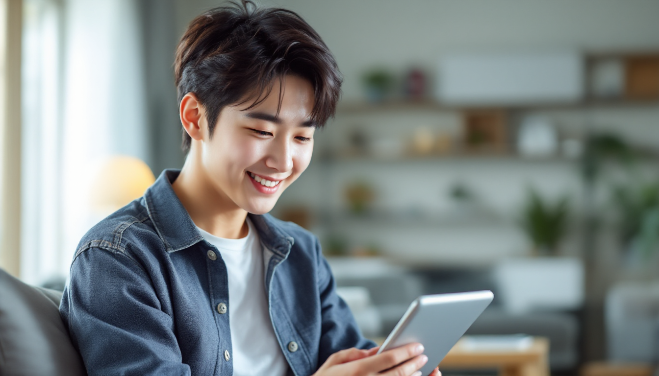 젊은 한국인이 태블릿이나 스마트폰으로 가입 자격 조건을 확인하는 모습.