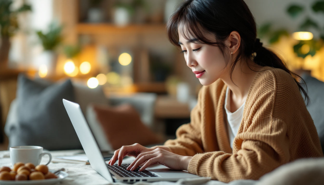 집에서 노트북을 사용해 출산 지원금을 온라인으로 신청하는 차분하고 집중한 표정의 한국인 어머니, 정부 지원금 온라인 신청의 편리함을 보여주는 장면