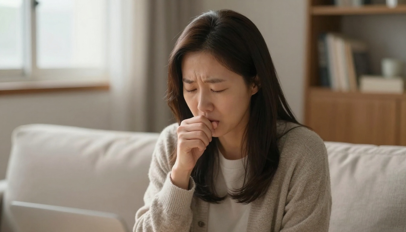 따뜻하지만 환기되지 않아 답답해 보이는 거실에서 기침하는 30대 한국 여성