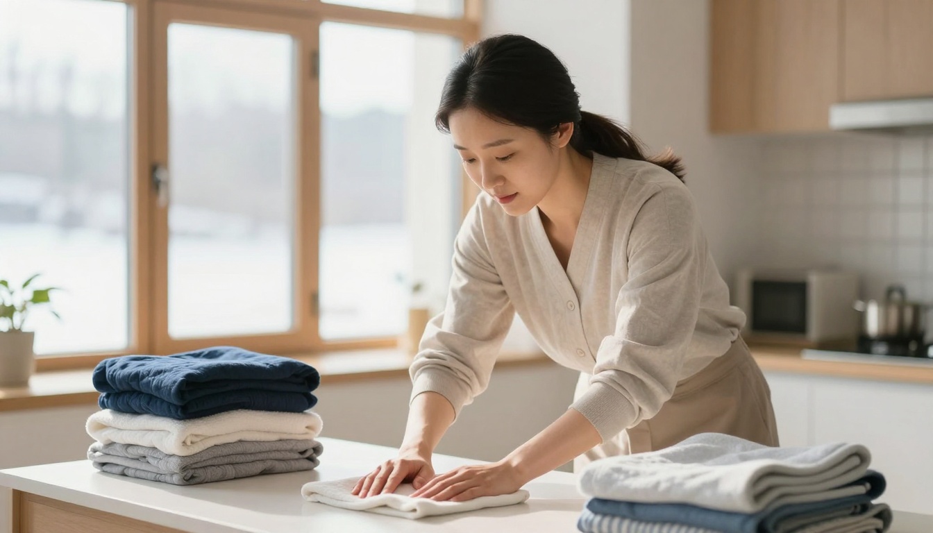 깔끔하게 정돈된 한국 가정집에서 청소를 하거나 빨래를 정리하는 30대 한국 여성의 모습