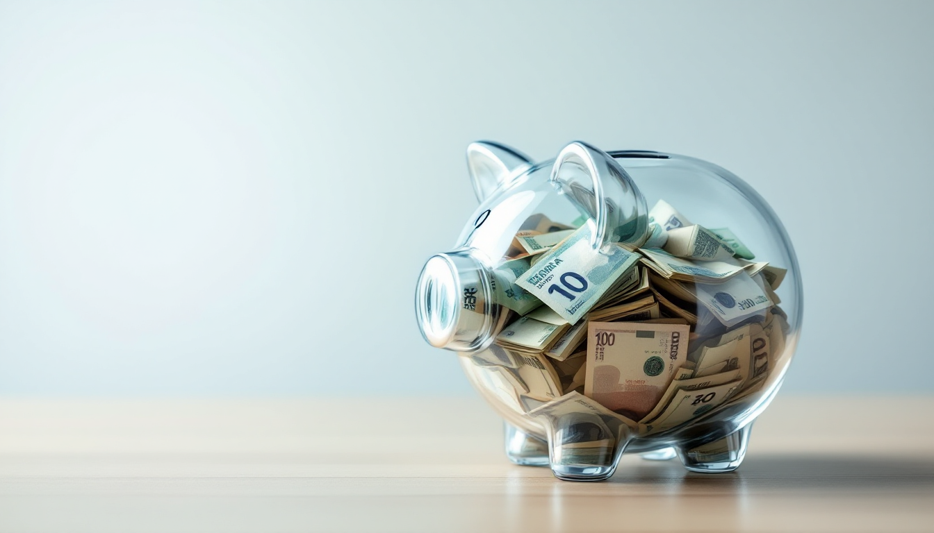 세금 공제 없이 투명한 저금통에 모인 한국 원화가 가득 찬 모습으로 비과세 혜택을 강조.