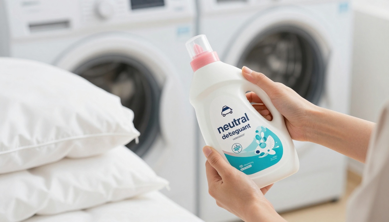 중성세제와 이불 케어라벨을 확인하는 한국인 여성의 손