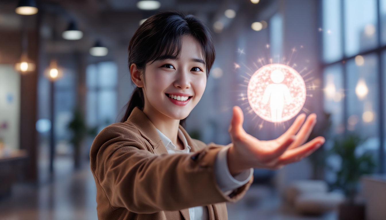 현대적이고 개방된 공간에서 한국인 청년이 미래의 기회 또는 가능성을 상징하는 빛나는 구체를 자신감 있게 잡으려는 모습을 보여주는 이미지