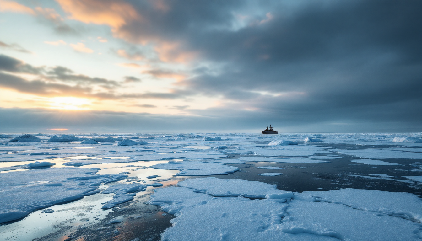 얼음으로 뒤덮인 그린란드의 광활한 풍경과 그 위로 미국의 전략적 관심이 암시되는 모습