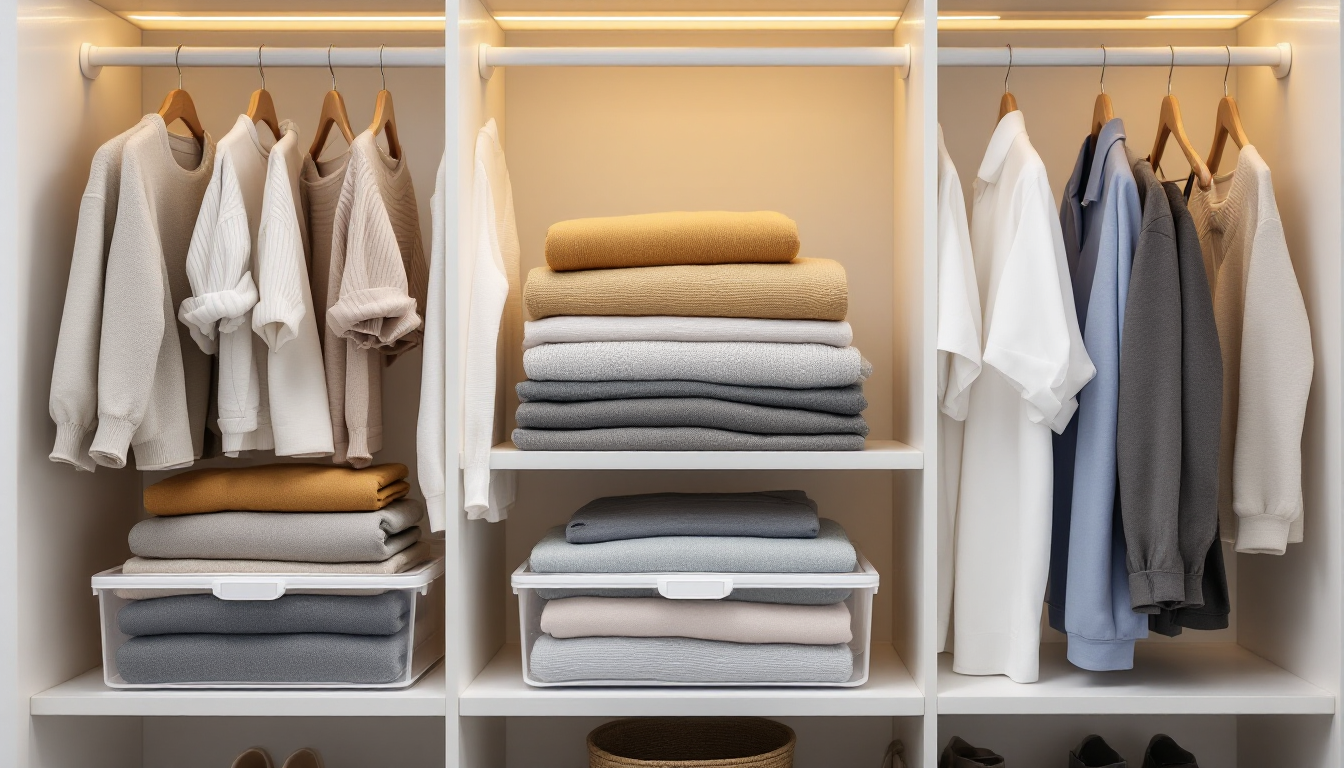 수납함과 압축팩을 활용하여 공간 효율을 높인 정리된 옷장 내부