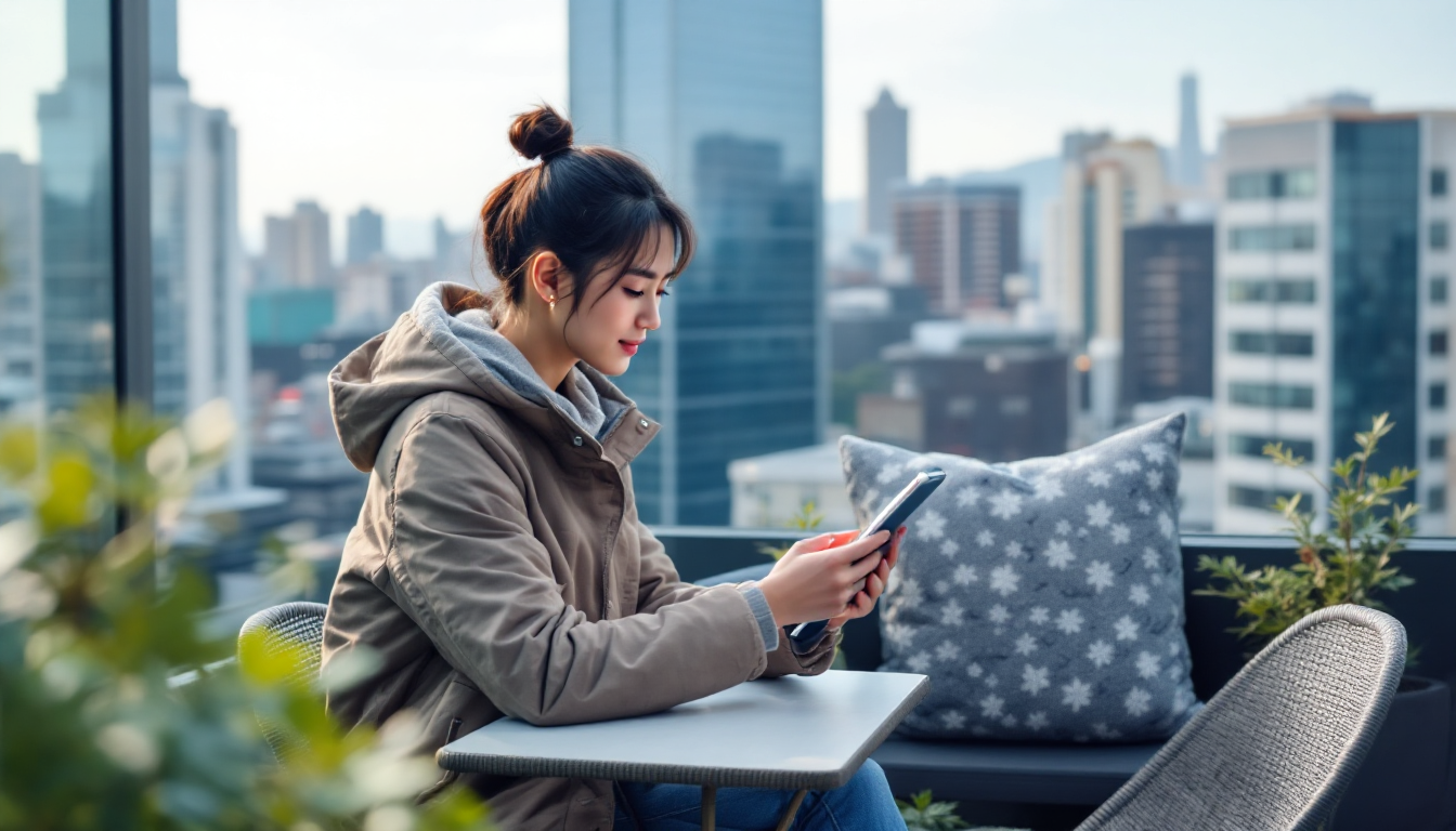 도심 한국 배경의 옥상 카페에서 온라인 판매와 AI 마케팅 도구를 확인하는 젊은 한국인 가게 주인의 모습