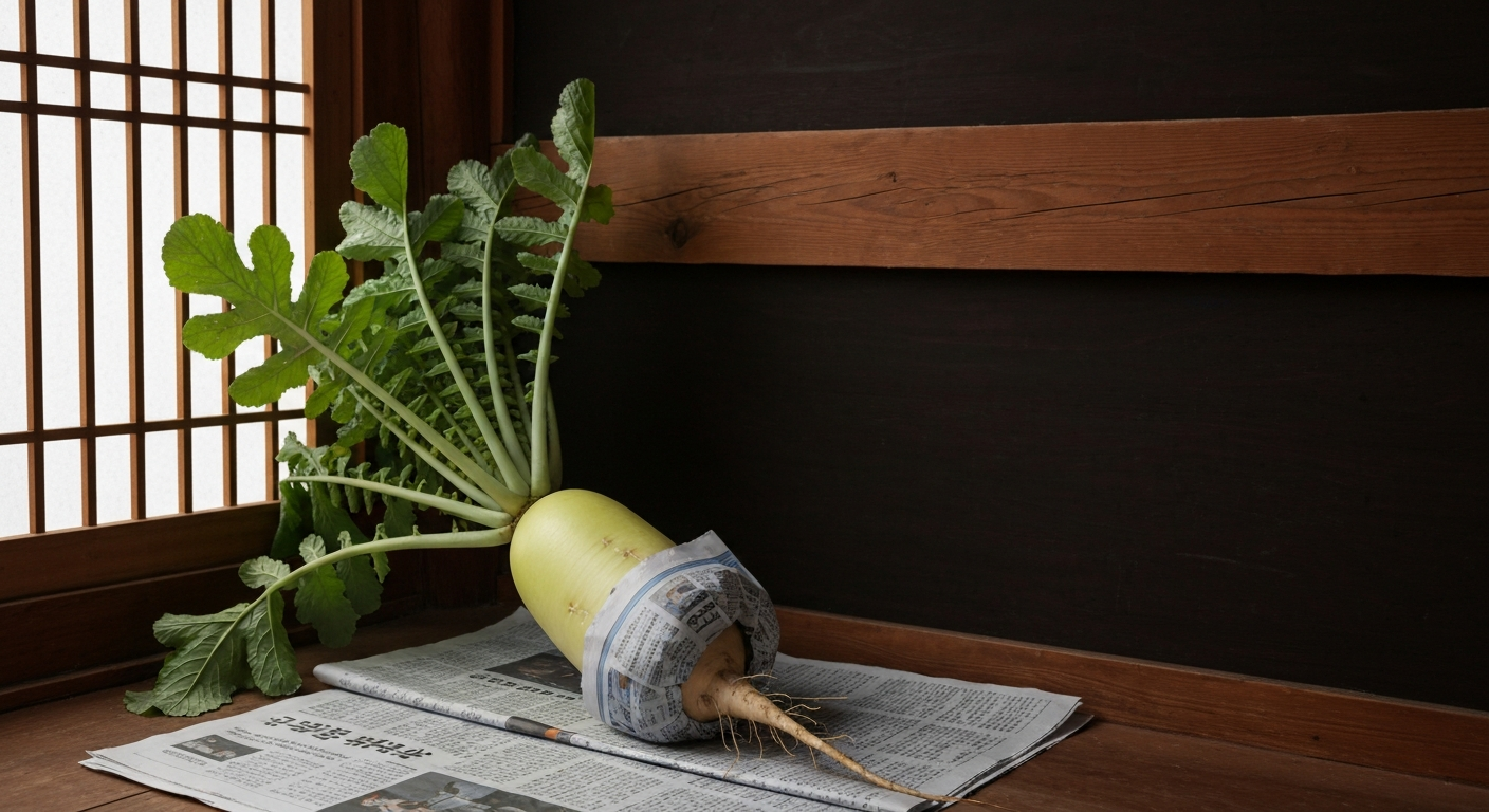 신문지에 싸여 서늘한 베란다에 보관 중인 싱싱한 무.