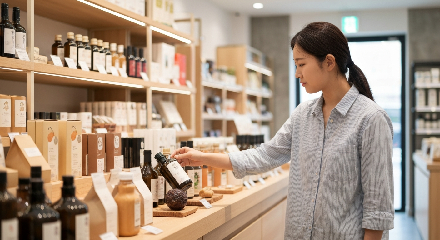 여러 제품 중 신중하게 하나의 고품질 제품을 선택하는 소비자의 모습.