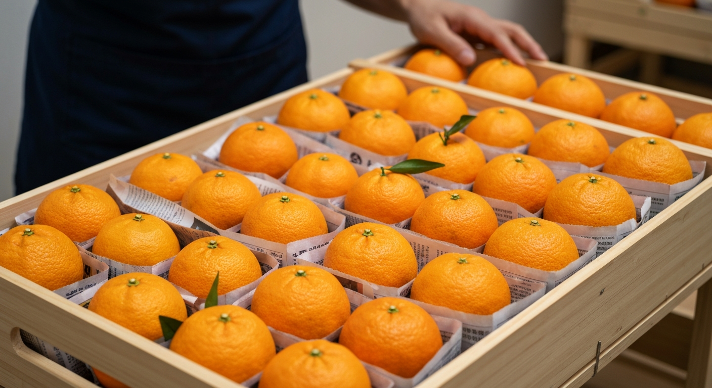 신문지로 간격을 두어 나무 상자에 보관된 싱싱한 귤.