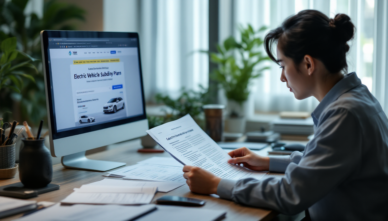 전기차 보조금 정책 관련 서류를 검토하는 한국 정부 공무원 또는 정책 담당자의 사무실 풍경