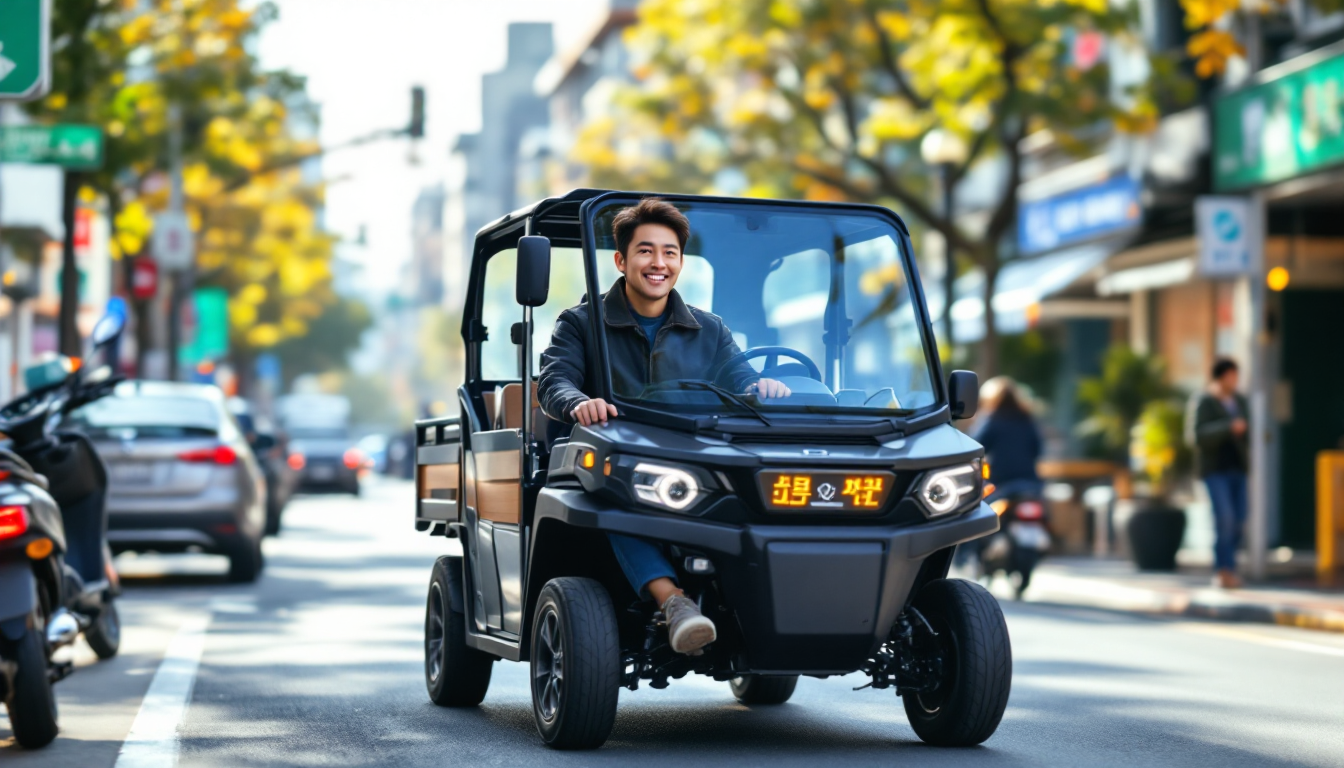 도심 한국 거리에서 전기 소형 화물차를 운전하며 만족스러워하는 한국 소상공인