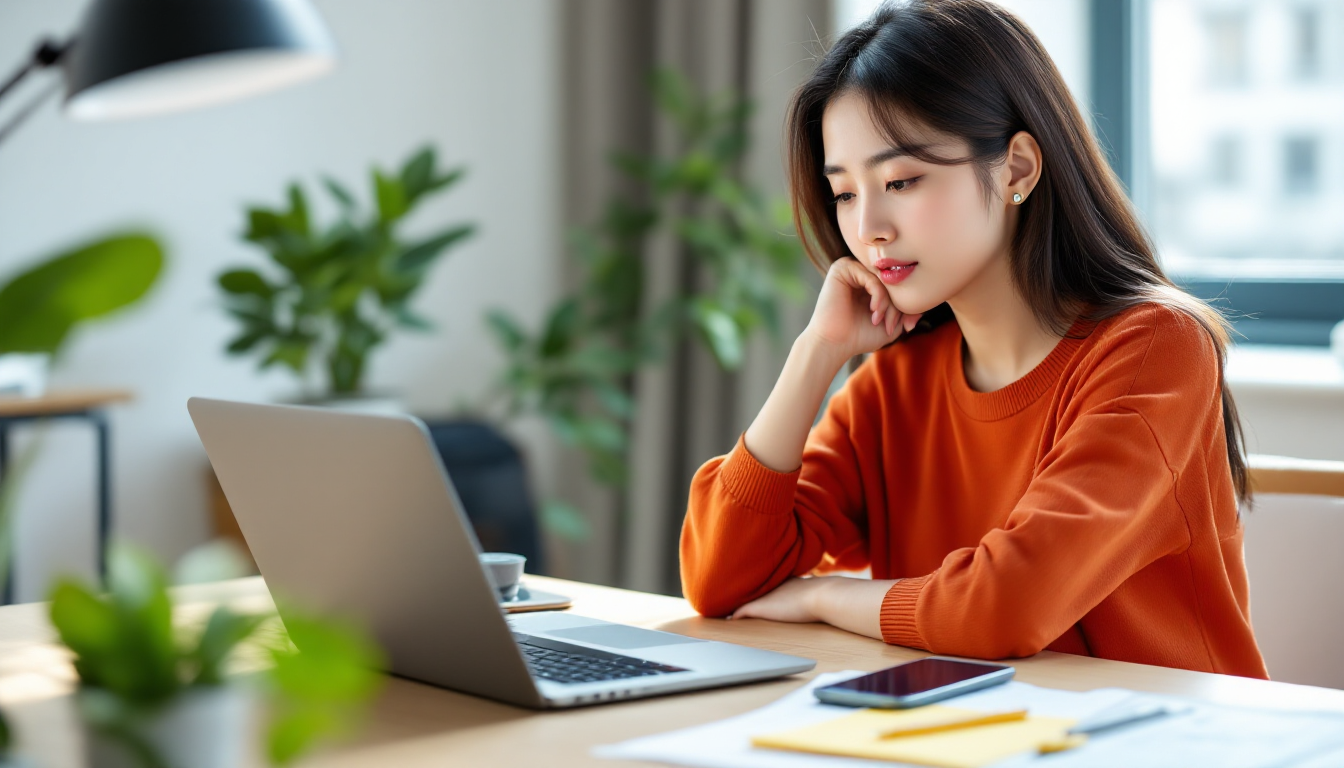 한국인 젊은 여성이 집에서 모던한 책상에 앉아 금융 투자 차트를 보며 스마트폰으로 주식 거래 앱을 확인하는 모습, 비과세 재테크 시작을 나타냄