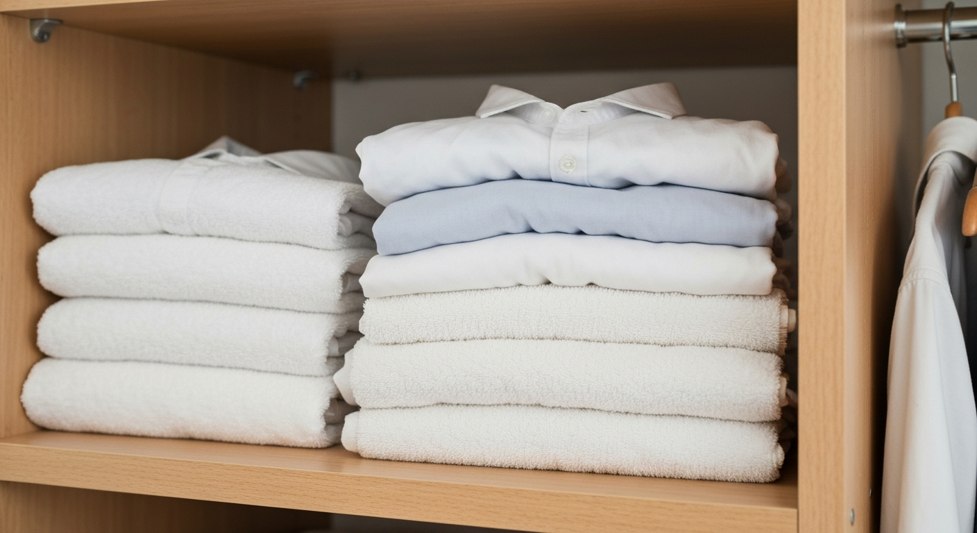 밝고 정돈된 옷장 선반에 깔끔하게 접혀 쌓여 있는 깨끗한 흰색 셔츠와 수건들