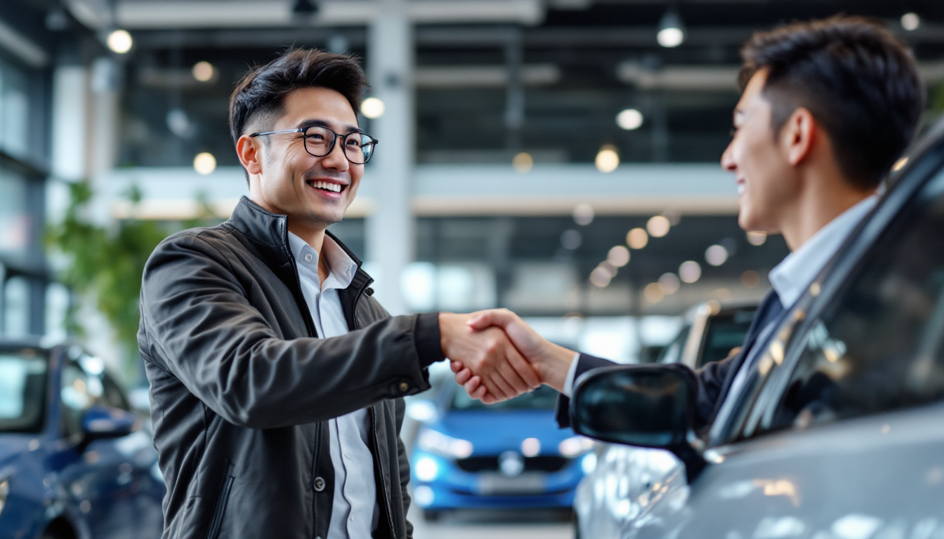 내연기관차를 폐차하거나 판매하고 전기차로 전환하는 한국 중년 남성이 차량 키를 넘기며 웃고 있는 장면